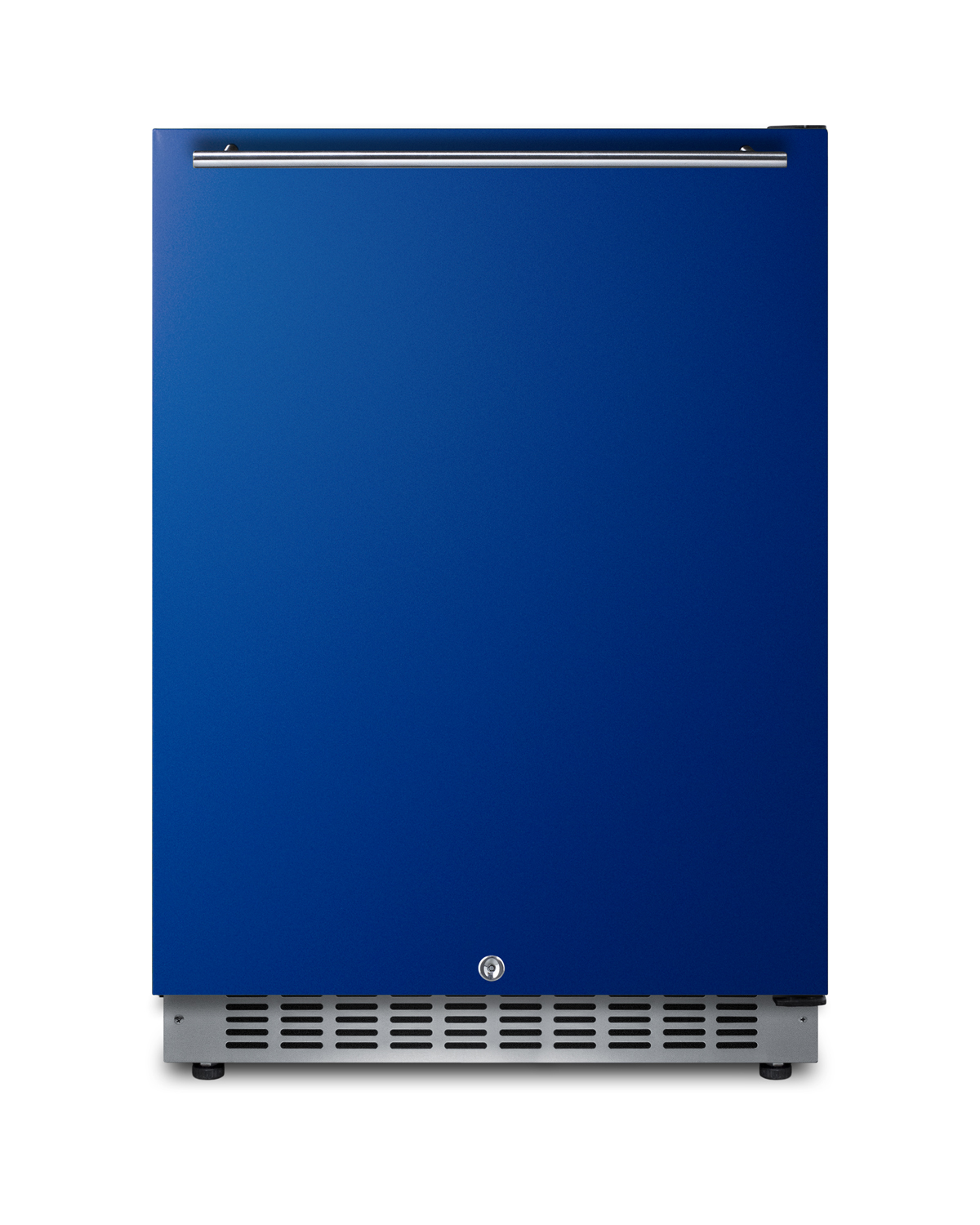 24 in. wide built-in undercounter ADA compliant all-refrigerator with cobalt blue door, stainless steel handle and kickplate, and black cabinet